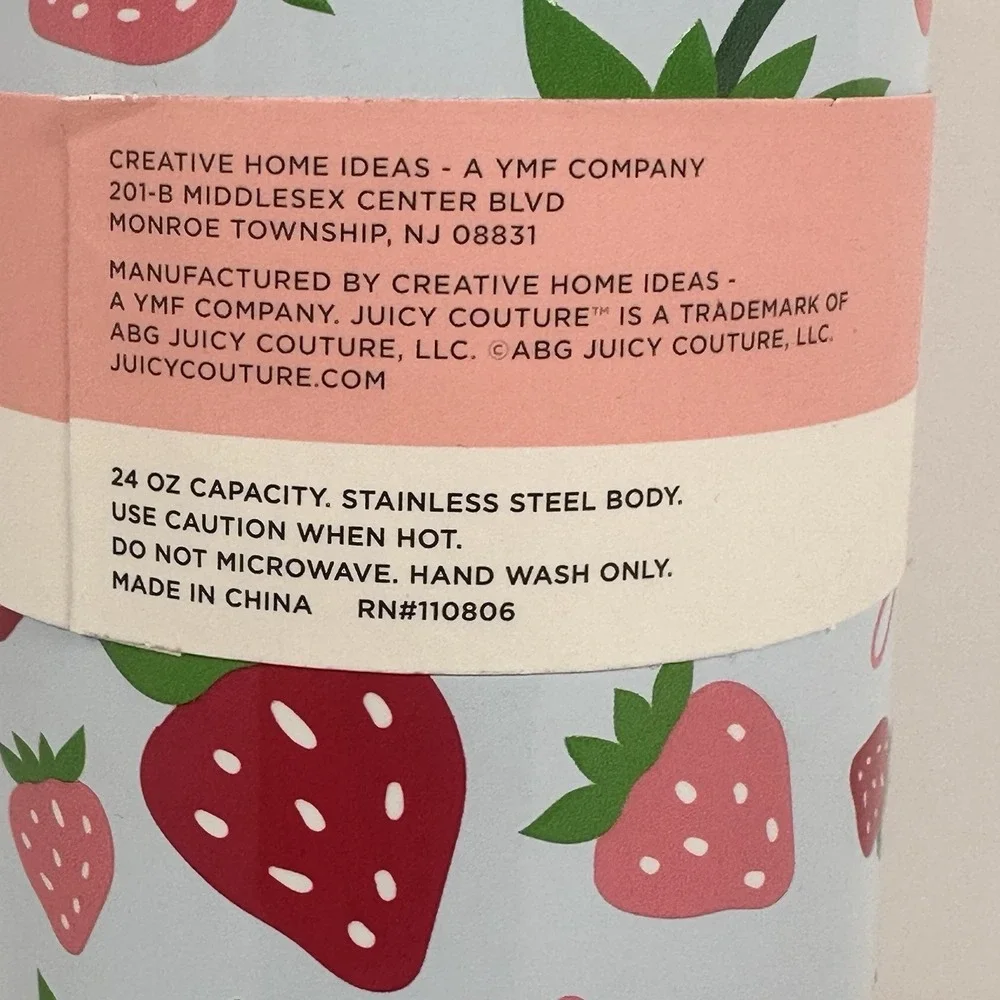 Juicy Couture Strawberry Tumbler 24 oz Stainless Steel Insulated Cup w Straw